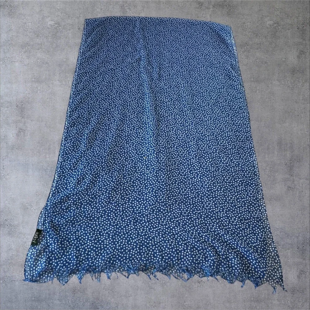 J Crew Scarf Womens Blue Polka Dot Lightweight‎ Frayed Fringe 70x20